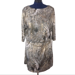 MSK 8 grey & gold metallic stretch belted gold sequin 3/4 sleeve boat neck dress